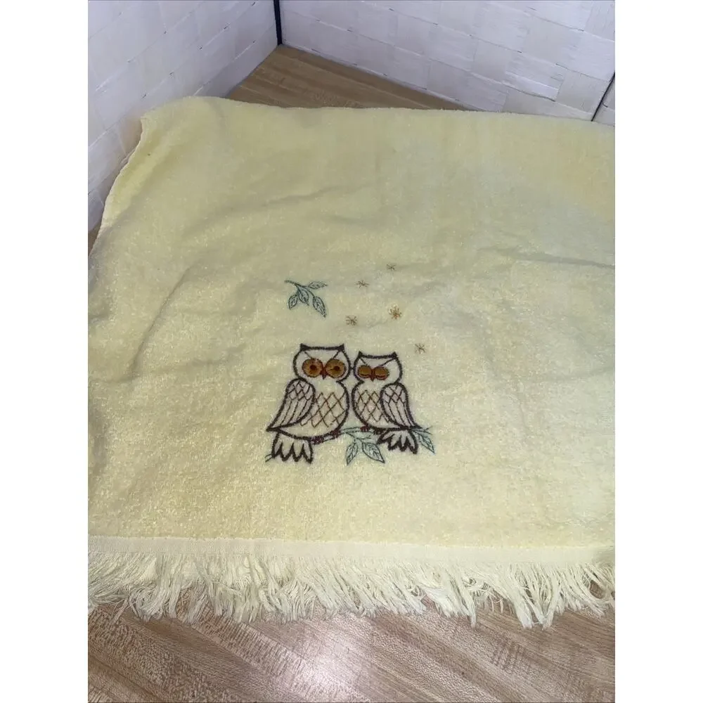 Vintage Cannon 4 Pc Yellow Towel Set Bath Hand Washcloth USA Owls Embroidered